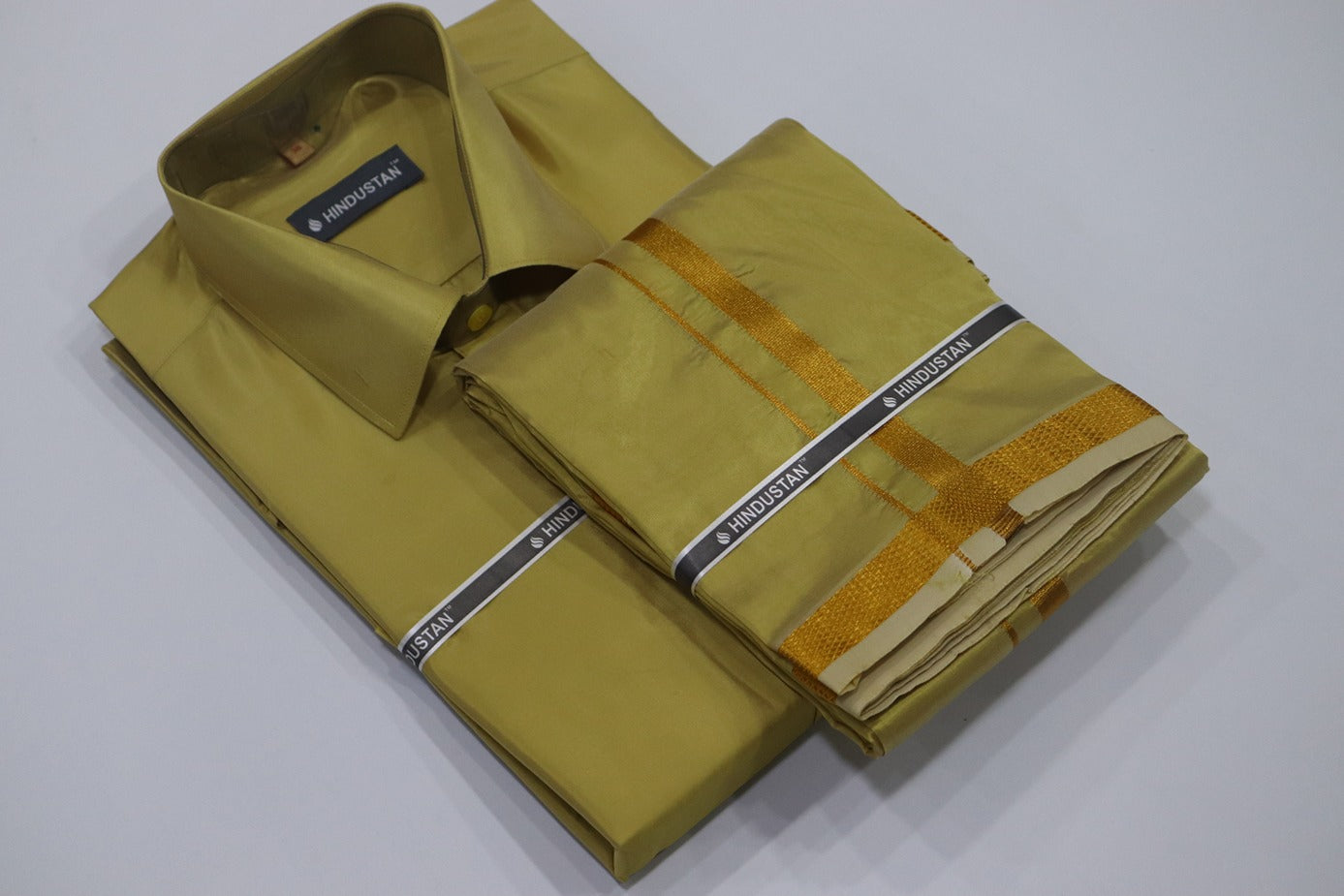 Artsilk Metallic Gold Shirt + Dhoti with 50k Gold Border Set