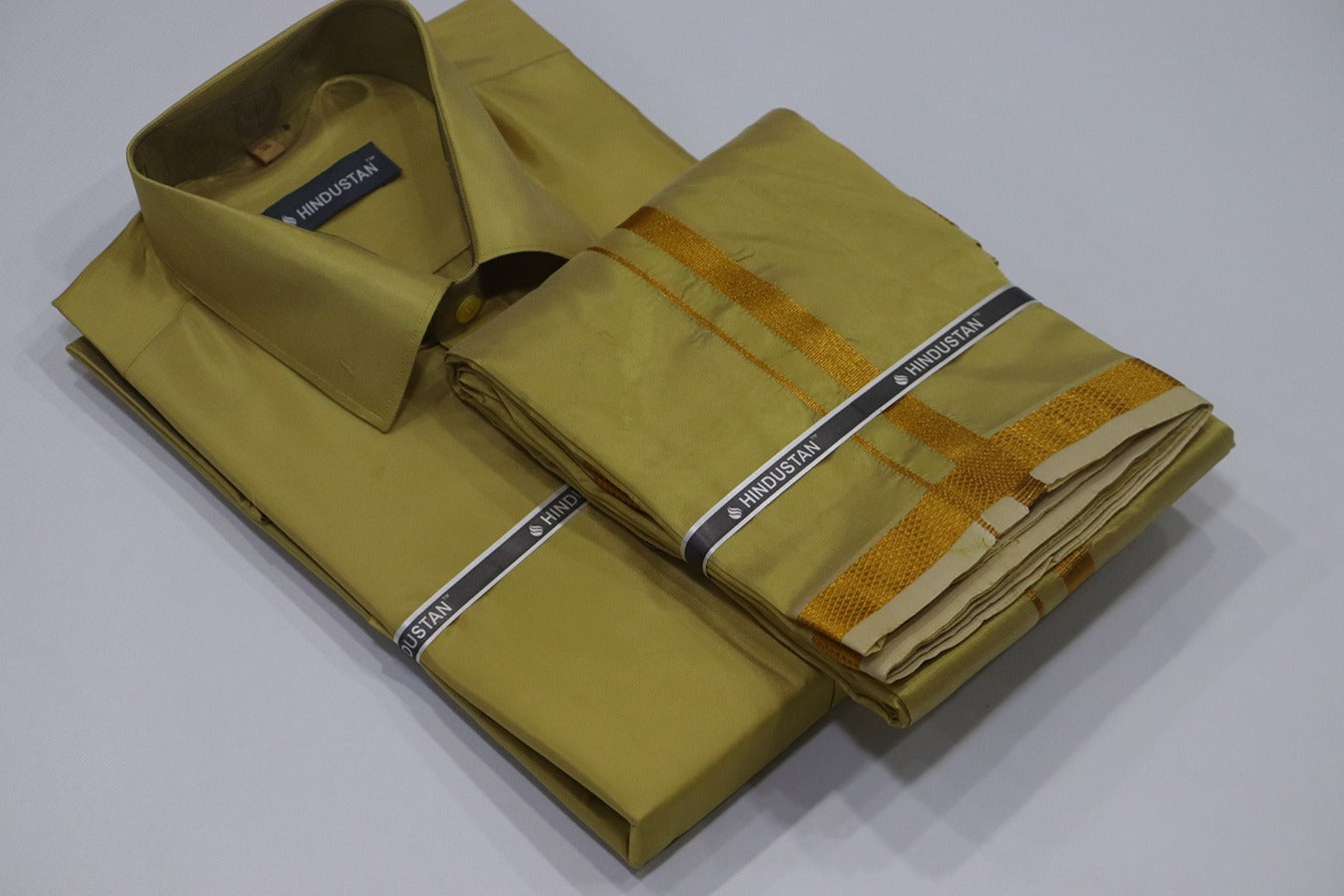 Artsilk Metallic Gold Shirt + Dhoti with 50k Gold Border Set