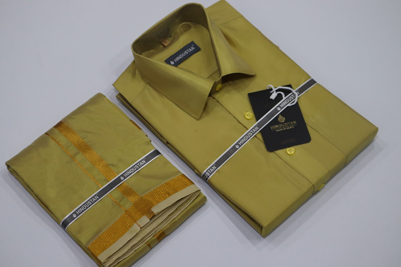 Artsilk Metallic Gold Shirt + Dhoti with 50k Gold Border Set