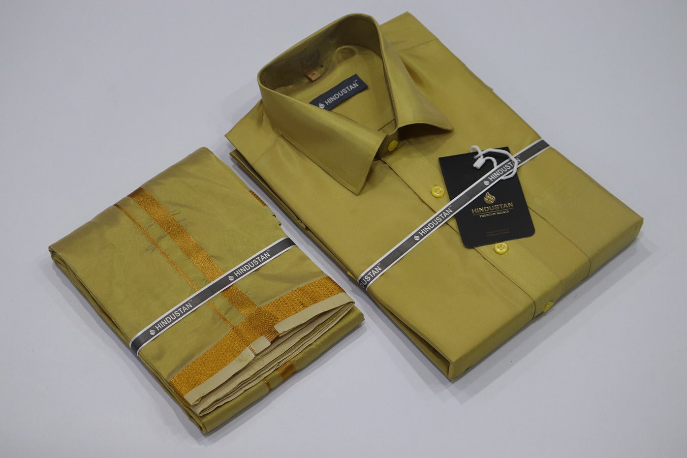 Artsilk Metallic Gold Shirt + Dhoti with 50k Gold Border Set