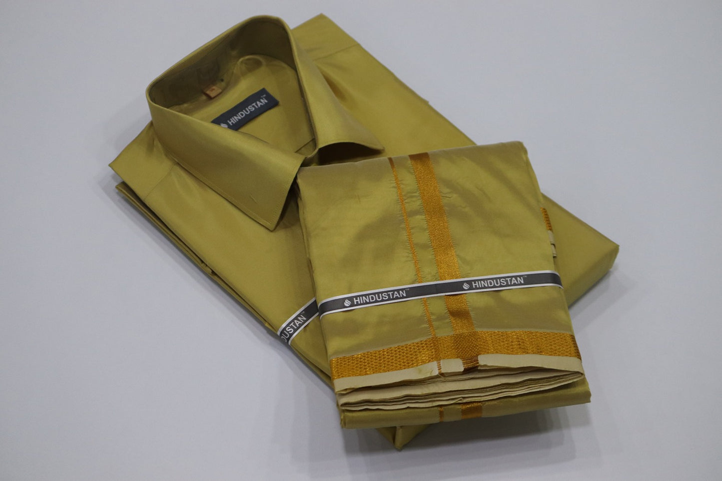 Artsilk Metallic Gold Shirt + Dhoti with 50k Gold Border Set