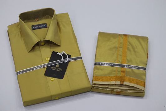 Artsilk Metallic Gold Shirt + Dhoti with 50k Gold Border Set