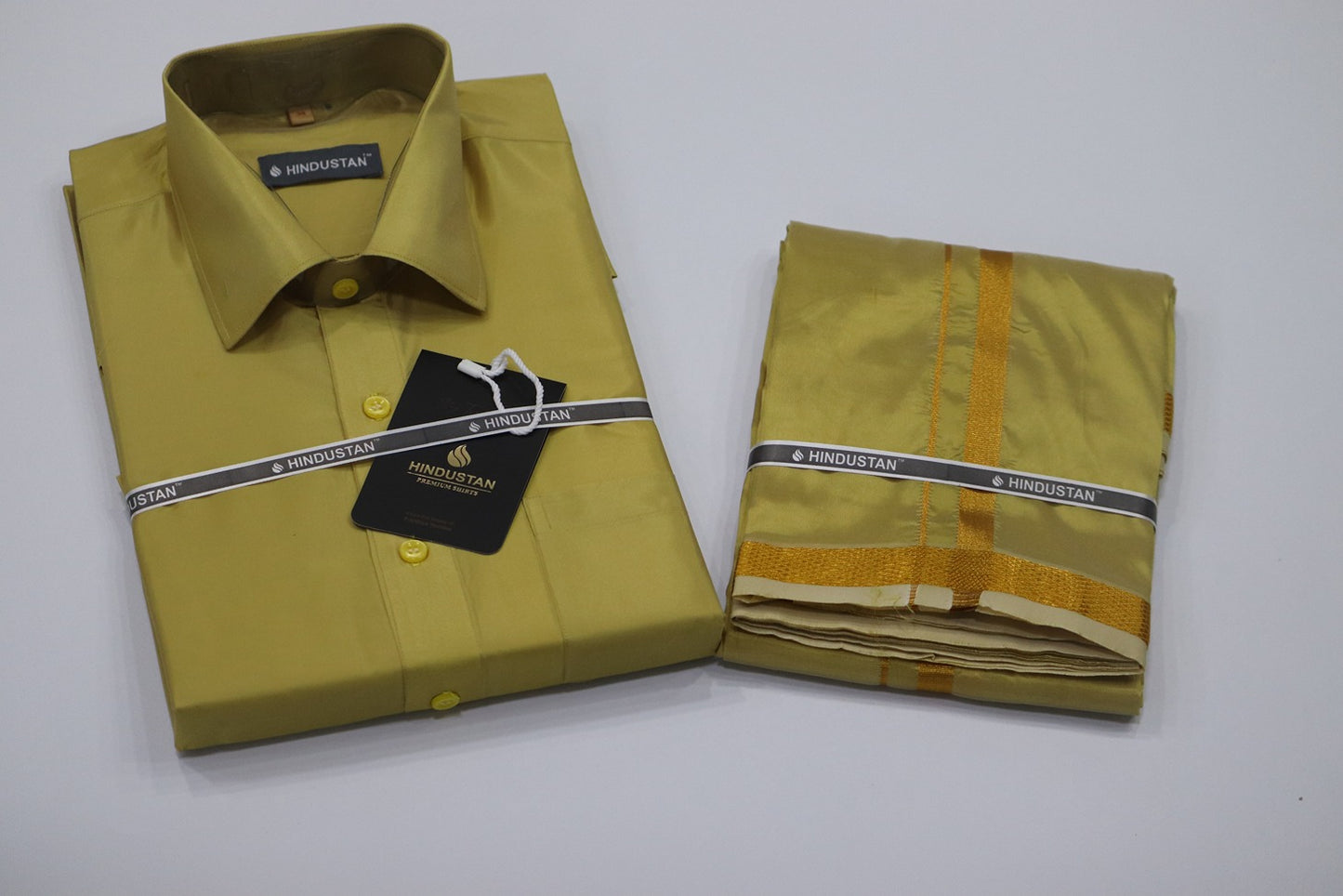 Artsilk Metallic Gold Shirt + Dhoti with 50k Gold Border Set