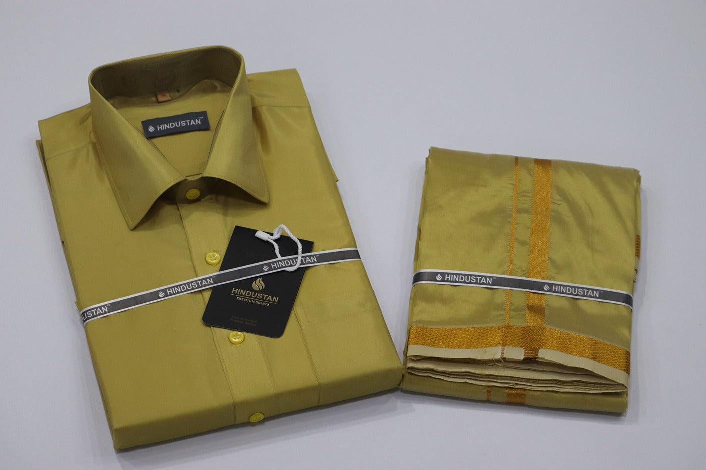 Artsilk Metallic Gold Shirt + Dhoti with 50k Gold Border Set