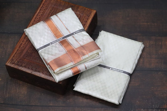 Artsilk Checked Design Cream Set (Shirt Material+Dhoti) with 80k Copper Border