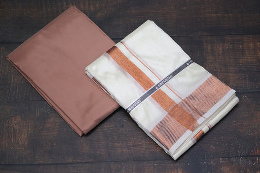 Artsilk Copper fabric with White Dhoti Copper Border (Combo Set)