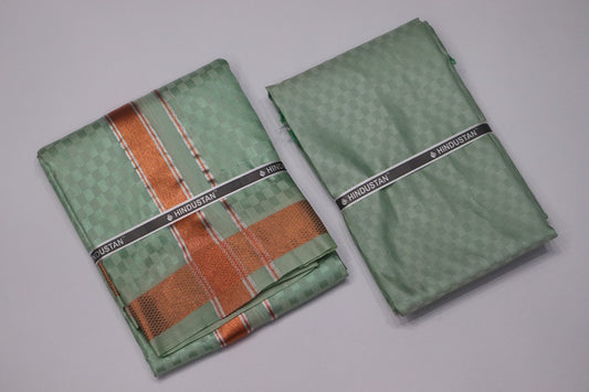 Artsilk Checked Design Mint Green Set (Shirt Material+Dhoti) with 80k Copper Border