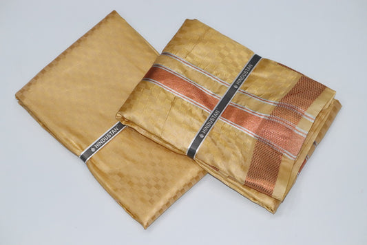 Artsilk Checked Design Harvest Yellow Set (Shirt Material+Dhoti) with 80k Copper Border