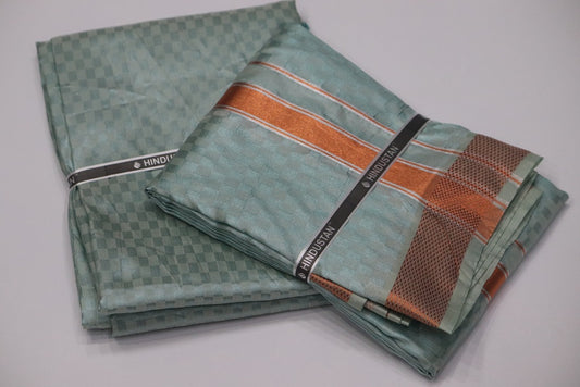 Artsilk Checked Design Mint Blue Set (Shirt Material+Dhoti) with 80k Copper Border