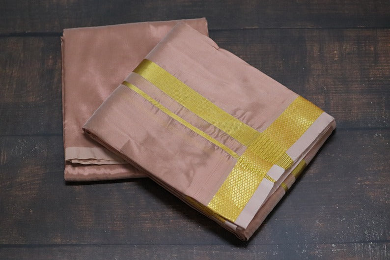 Artsilk 50k Copper Combo Set(Shirt Fabric+Dhoti) with Gold Border