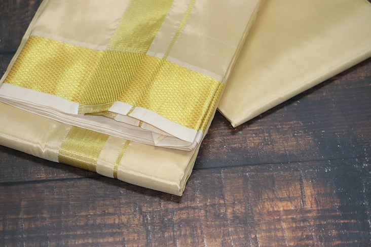 Artsilk Sandal Combo Set(Shirt Fabric+Dhoti) with Big Gold Border