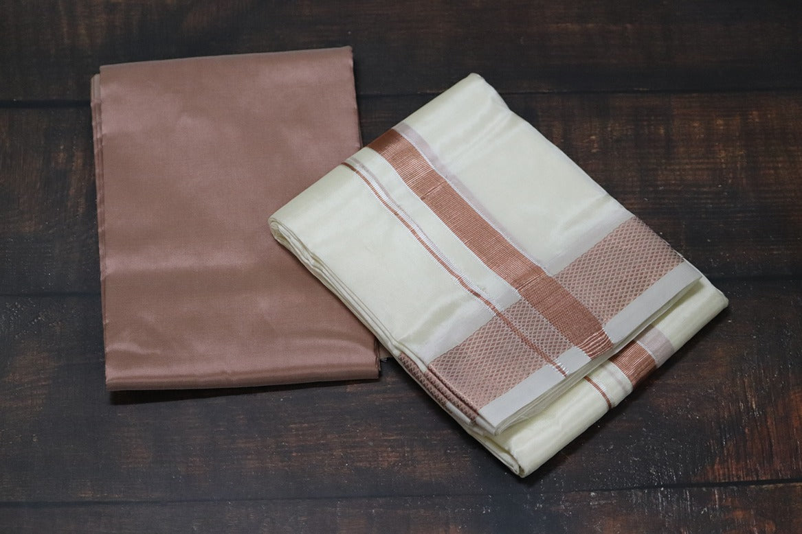 Artsilk Copper fabric with White Dhoti Copper Border (Combo Set)