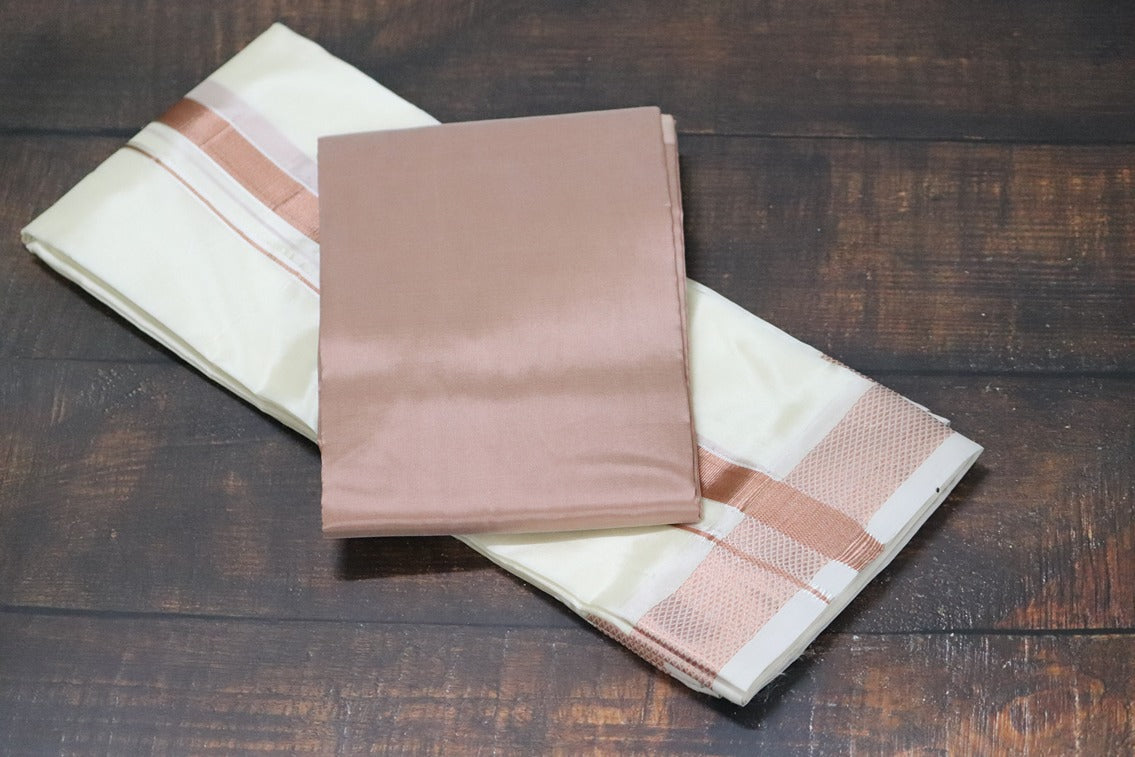 Artsilk Copper fabric with White Dhoti Copper Border (Combo Set)