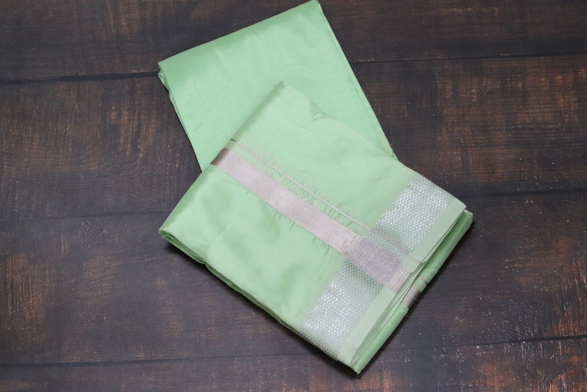 Artsilk Pista Green Combo Set (Fabric+Dhoti) with Silver Border