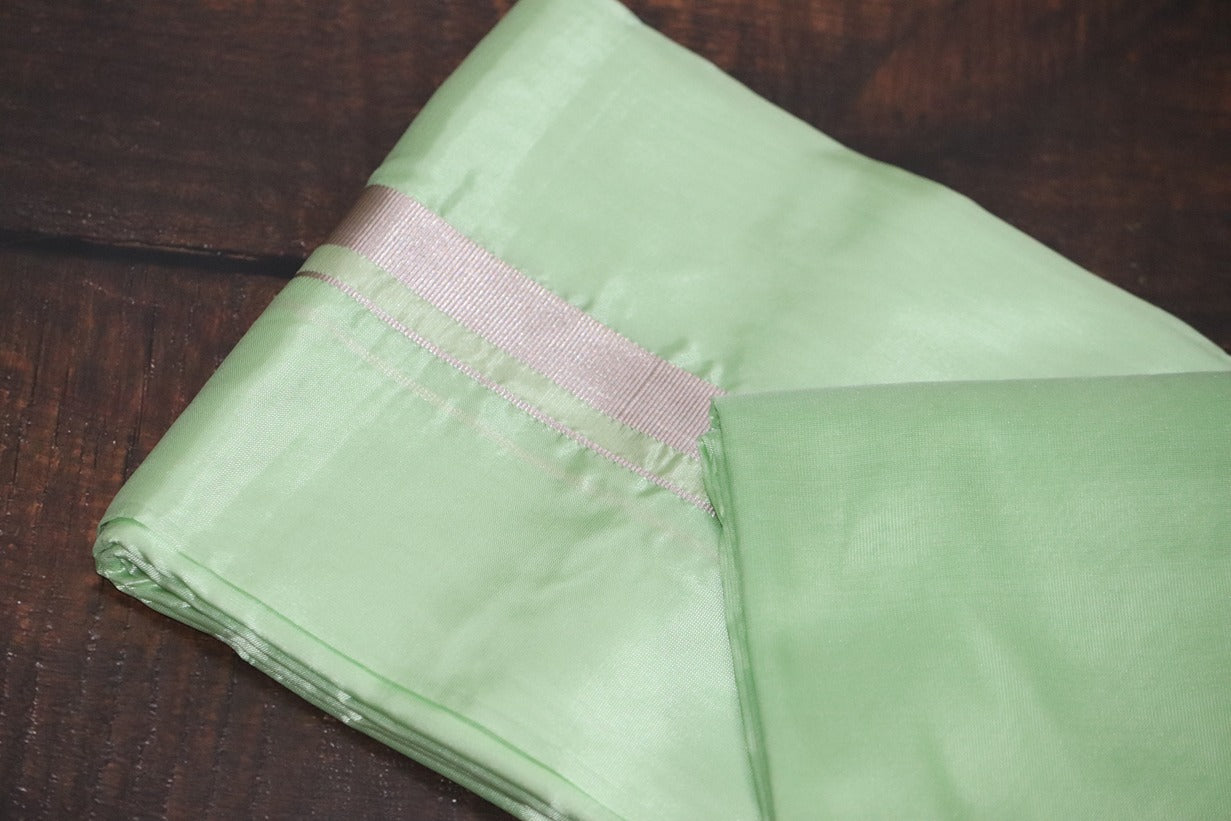 Artsilk Pista Green Combo Set (Fabric+Dhoti) with Silver Border