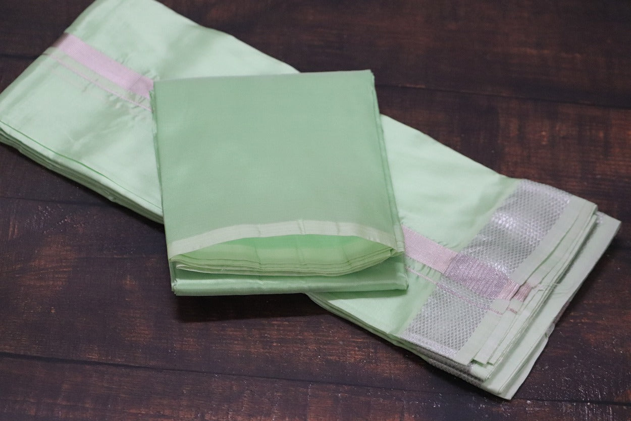 Artsilk Pista Green Combo Set (Fabric+Dhoti) with Silver Border