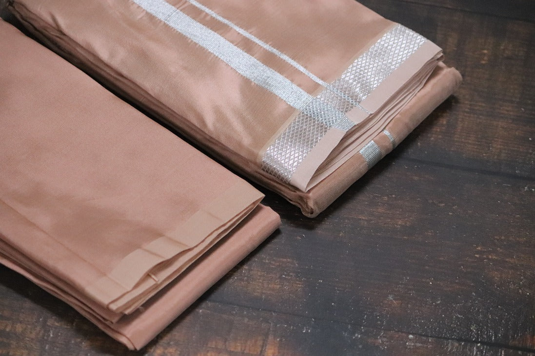 Artsilk Salmon Orange Combo Set (Shirt Fabric+Dhoti) with Silver Border