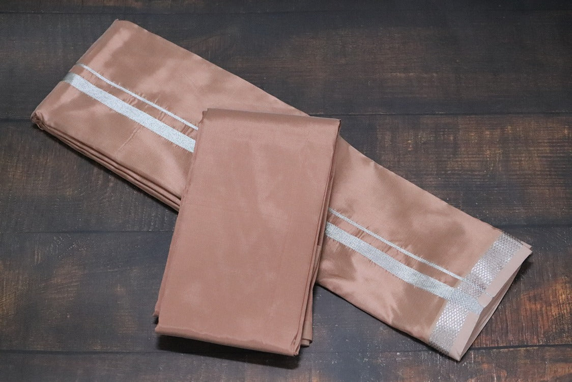 Artsilk Salmon Orange Combo Set (Shirt Fabric+Dhoti) with Silver Border