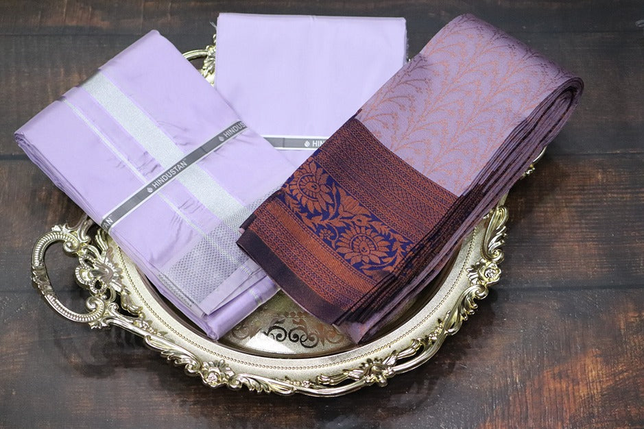 Raja Rani Artsilk Ultra Violet Shirt Material+70k Silver Border & Saree Combo