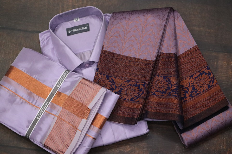 Raja Rani Artsilk Readymade Ultra Violet Shirt+100k Copper Border Matching Set & Saree Combo