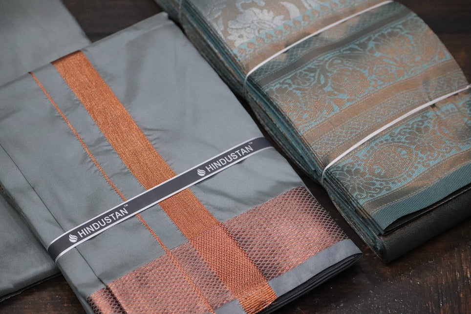 Raja Rani Artsilk Steel Grey Shirt Material+100k Copper Border & Saree Combo