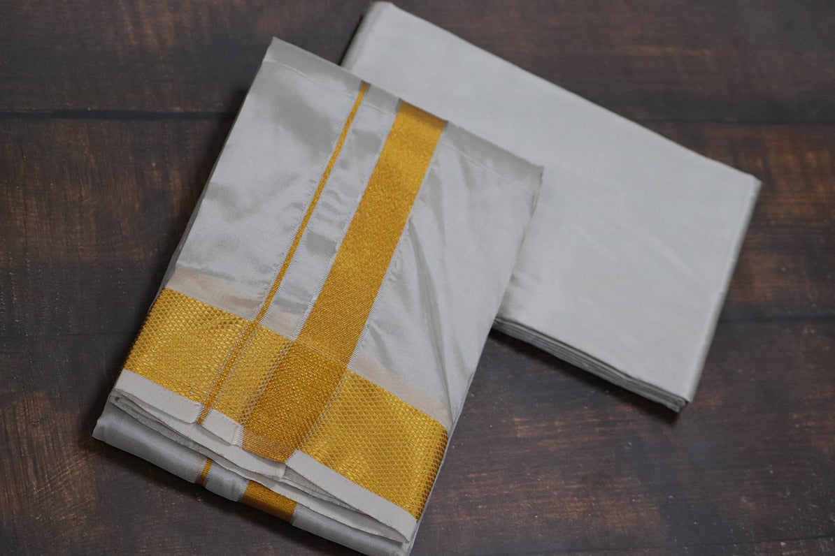 Artsilk Smoke Grey Combo Set (Shirt Fabric+Dhoti) with 100k Gold Border