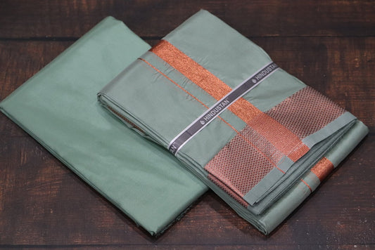 Artsilk Hunter Green Shirt Material+ 100k Dhoti with Copper Border