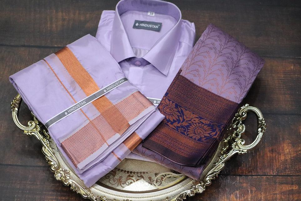 Raja Rani Artsilk Readymade Ultra Violet Shirt+100k Copper Border Matching Set & Saree Combo