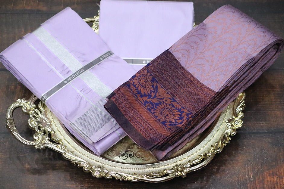 Raja Rani Artsilk Ultra Violet Shirt Material+70k Silver Border & Saree Combo