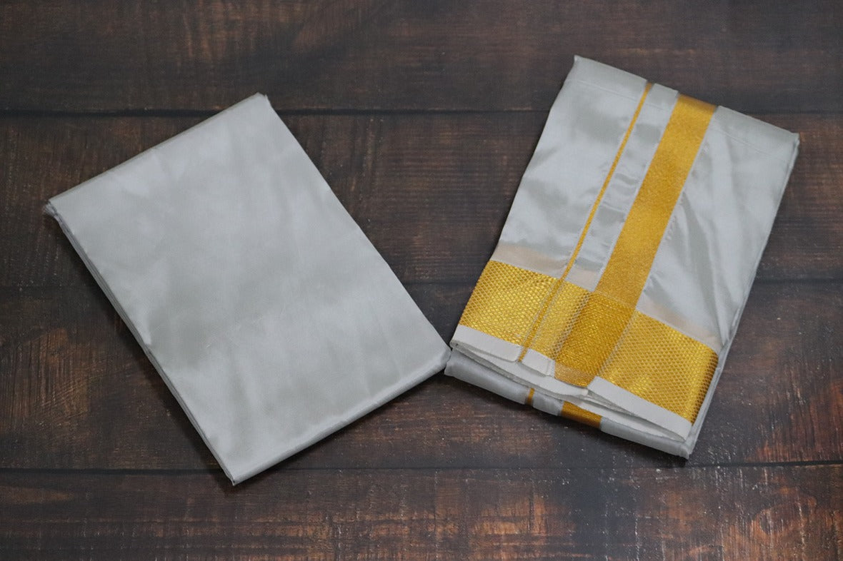 Artsilk Smoke Grey Combo Set (Shirt Fabric+Dhoti) with 100k Gold Border