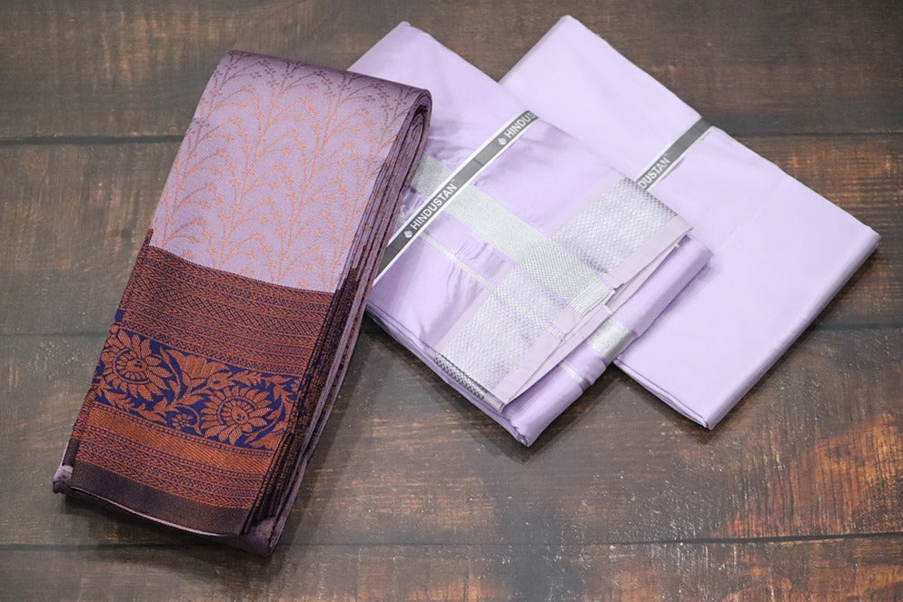 Raja Rani Artsilk Ultra Violet Shirt Material+70k Silver Border & Saree Combo