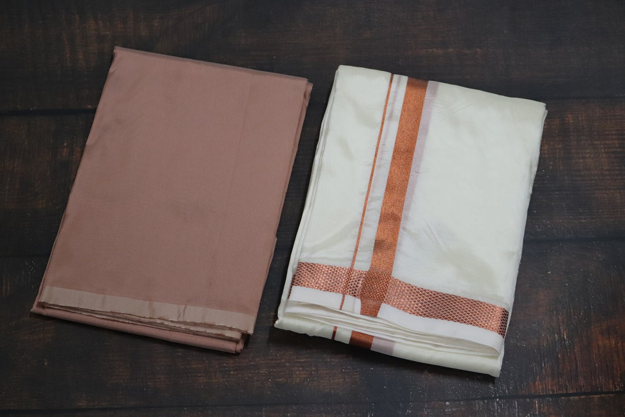 Artsilk Copper Shirt Fabric+White Dhoti with 50k Copper Dhoti