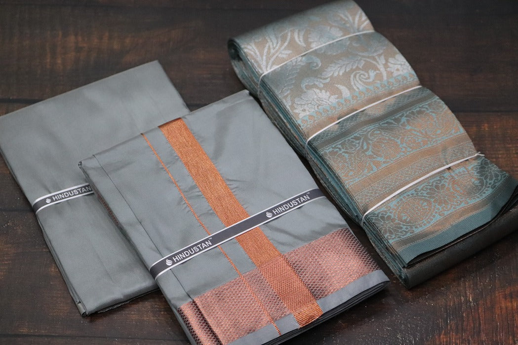 Raja Rani Artsilk Steel Grey Shirt Material+100k Copper Border & Saree Combo