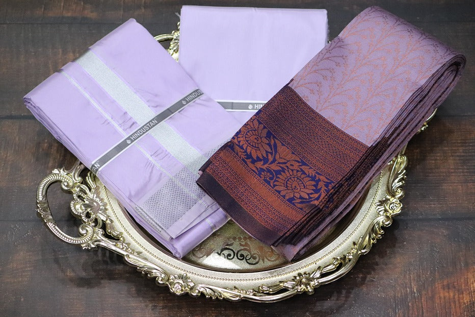 Raja Rani Artsilk Ultra Violet Shirt Material+70k Silver Border & Saree Combo