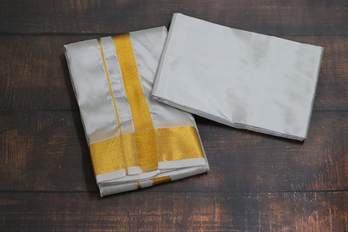 Artsilk Smoke Grey Combo Set (Shirt Fabric+Dhoti) with 100k Gold Border