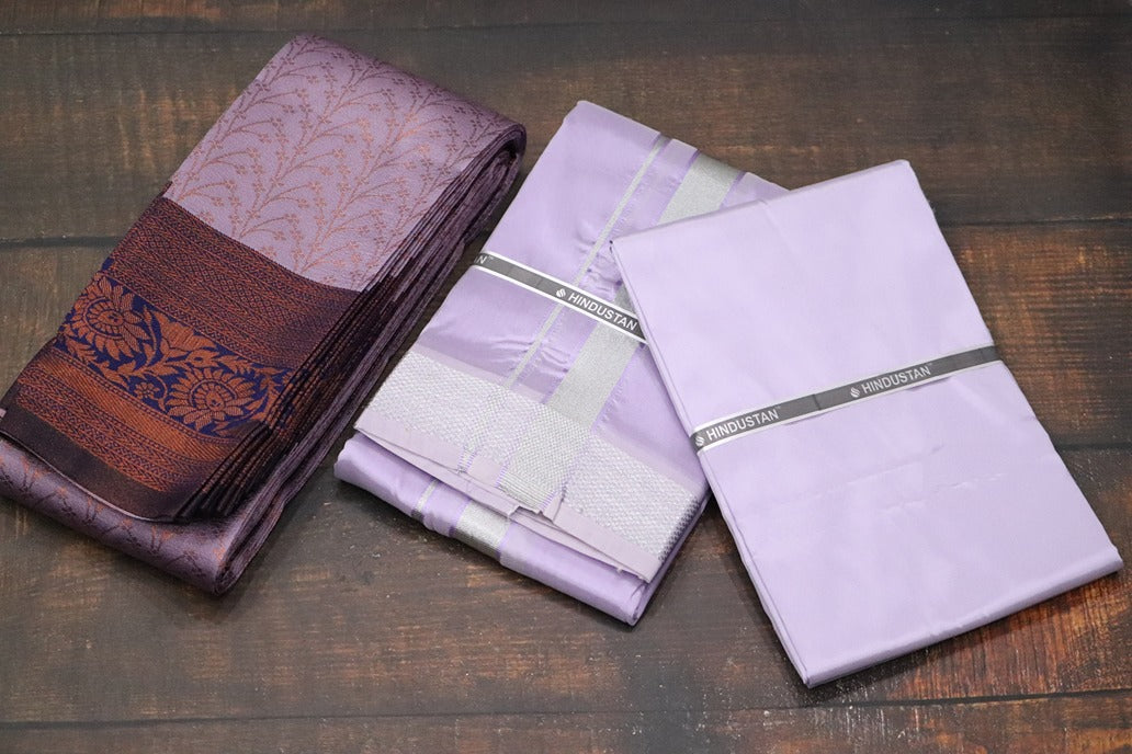 Raja Rani Artsilk Ultra Violet Shirt Material+70k Silver Border & Saree Combo