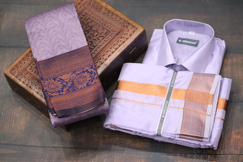 Raja Rani Artsilk Readymade Ultra Violet Shirt+100k Copper Border Matching Set & Saree Combo