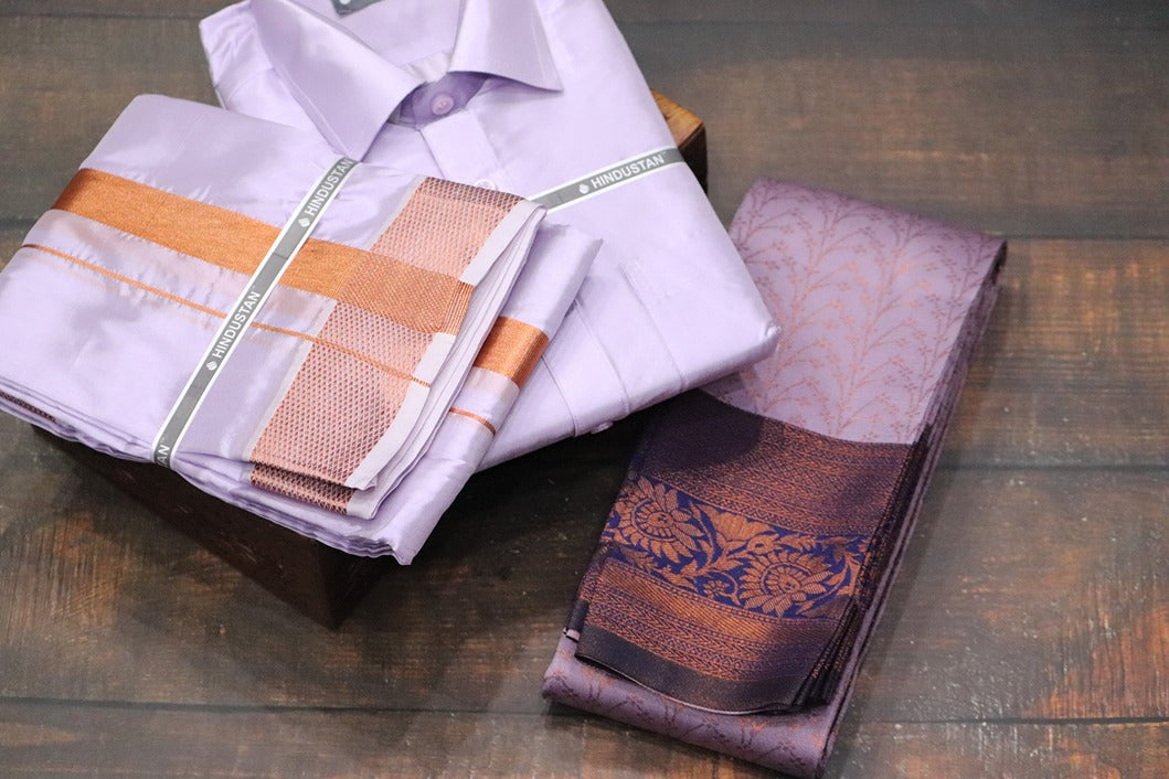 Raja Rani Artsilk Readymade Ultra Violet Shirt+100k Copper Border Matching Set & Saree Combo