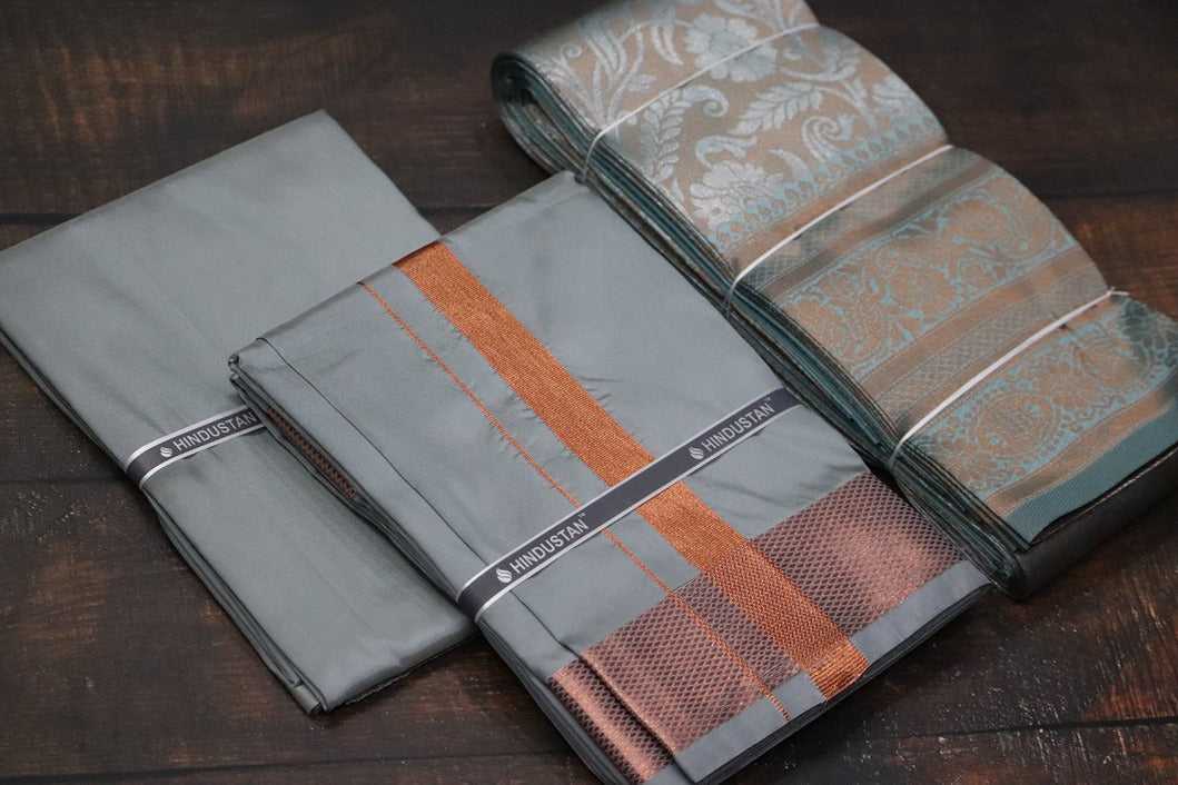 Raja Rani Artsilk Steel Grey Shirt Material+100k Copper Border & Saree Combo