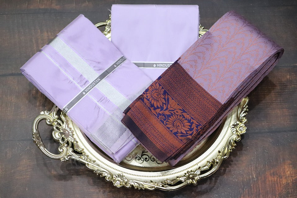 Raja Rani Artsilk Ultra Violet Shirt Material+70k Silver Border & Saree Combo