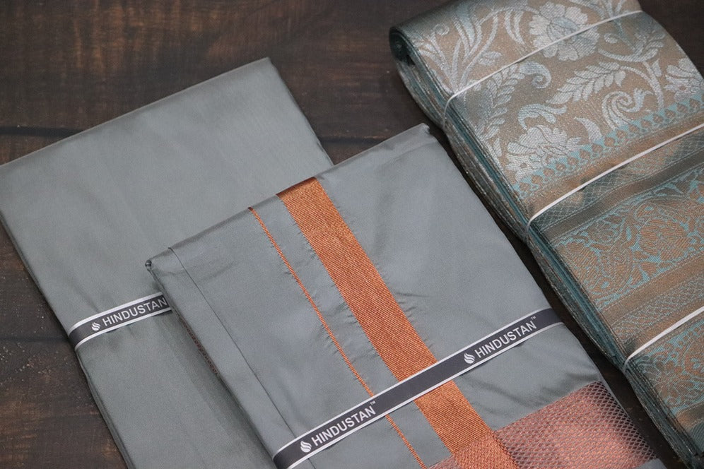 Raja Rani Artsilk Steel Grey Shirt Material+100k Copper Border & Saree Combo