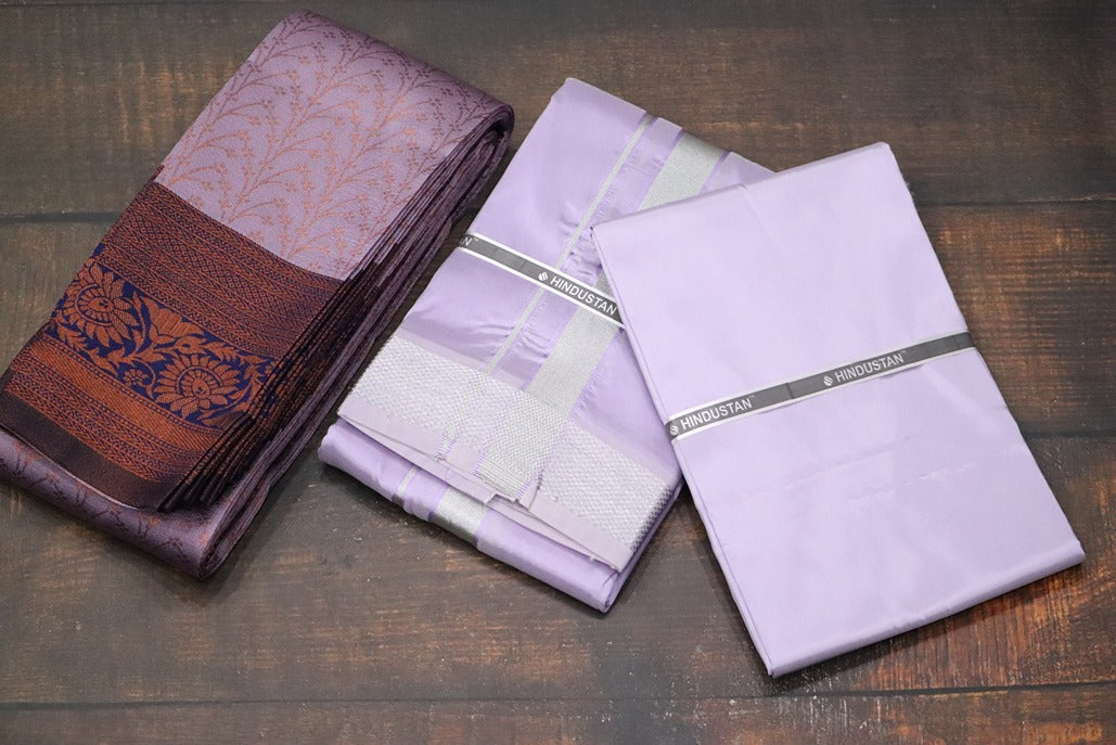 Raja Rani Artsilk Ultra Violet Shirt Material+70k Silver Border & Saree Combo