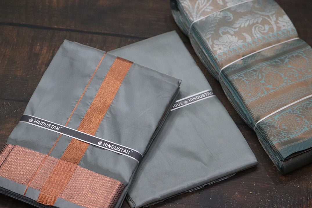 Raja Rani Artsilk Steel Grey Shirt Material+100k Copper Border & Saree Combo