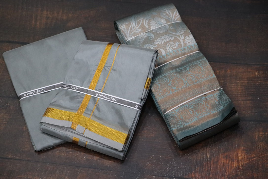 Raja Rani Artsilk Steel Grey Shirt Material+50k Gold Border & Saree Combo