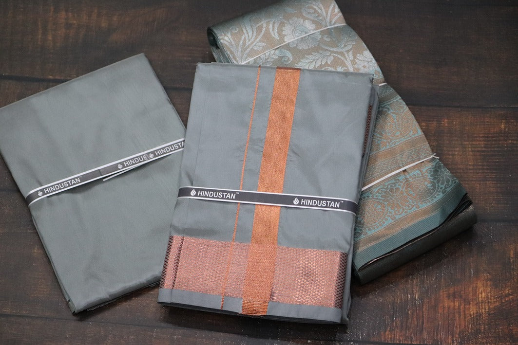 Raja Rani Artsilk Steel Grey Shirt Material+100k Copper Border & Saree Combo