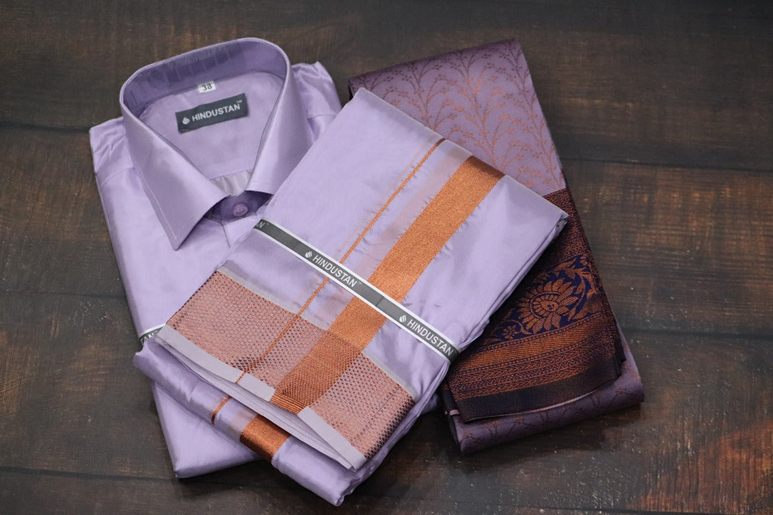 Raja Rani Artsilk Readymade Ultra Violet Shirt+100k Copper Border Matching Set & Saree Combo