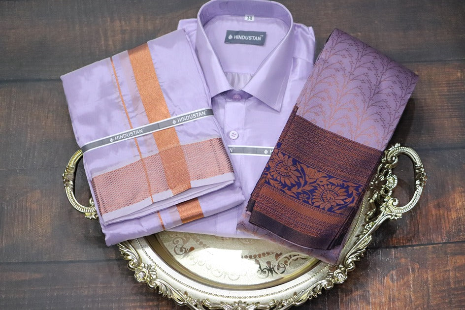 Raja Rani Artsilk Readymade Ultra Violet Shirt+100k Copper Border Matching Set & Saree Combo