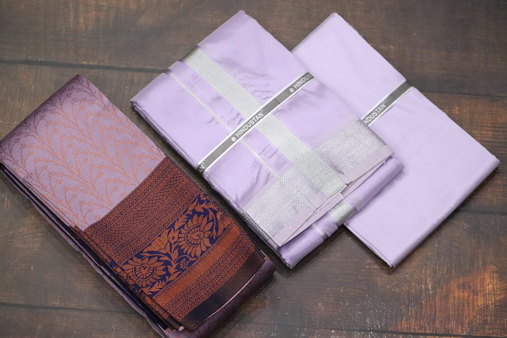 Raja Rani Artsilk Ultra Violet Shirt Material+70k Silver Border & Saree Combo