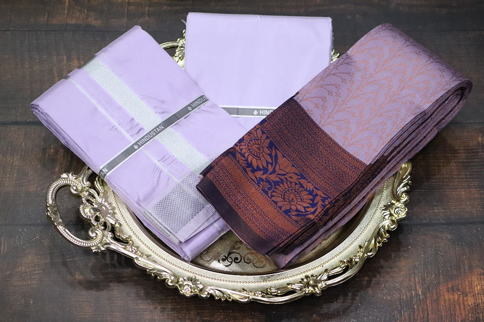 Raja Rani Artsilk Ultra Violet Shirt Material+70k Silver Border & Saree Combo