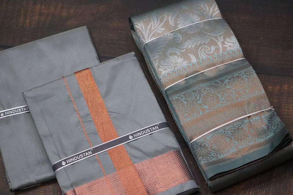 Raja Rani Artsilk Steel Grey Shirt Material+100k Copper Border & Saree Combo